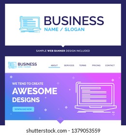 Beautiful Business Concept Brand Name Code, coding, computer, monoblock, laptop Logo Design and Pink and Blue background Website Header Design template. Place for Slogan / Tagline. Exclusive Website b