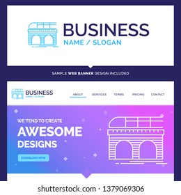 Beautiful Business Concept Brand Name metro, railroad, railway, train, transport Logo Design and Pink and Blue background Website Header Design template. Place for Slogan / Tagline. Exclusive Website 