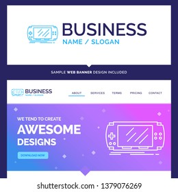 Beautiful Business Concept Brand Name Console, device, game, gaming,  Logo Design and Pink and Blue background Website Header Design template. Place for Slogan / Tagline. Exclusive Website banner.