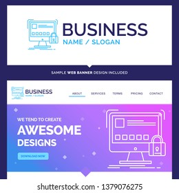Beautiful Business Concept Brand Name protect, protection, lock, safety, secure Logo Design and Pink and Blue background Website Header Design template. Place for Slogan / Tagline. Exclusive Website b