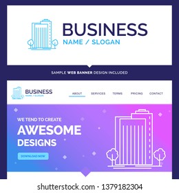 Beautiful Business Concept Brand Name Building, Green, Plant, City, Smart Logo Design and Pink and Blue background Website Header Design template. Place for Slogan / Tagline. Exclusive Website banner 