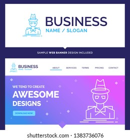 Beautiful Business Concept Brand Name Detective, hacker, incognito, spy, thief Logo Design and Pink and Blue background Website Header Design template. Place for Slogan / Tagline. Exclusive Website ba