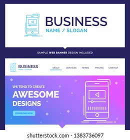 Beautiful Business Concept Brand Name media, music, player, video, mobile Logo Design and Pink and Blue background Website Header Design template. Place for Slogan / Tagline. Exclusive Website banner 