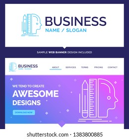 Beautiful Business Concept Brand Name Design, human, ruler, size, thinking Logo Design and Pink and Blue background Website Header Design template. Place for Slogan / Tagline. Exclusive Website banner