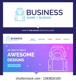 Beautiful Business Concept Brand Name astronaut, space, spaceman, helmet, suit Logo Design and Pink and Blue background Website Header Design template. Place for Slogan / Tagline. Exclusive Website ba