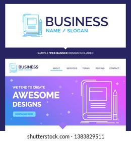 Beautiful Business Concept Brand Name Book, business, education, notebook, school Logo Design and Pink and Blue background Website Header Design template. Place for Slogan / Tagline. Exclusive Website