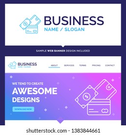 Beautiful Business Concept Brand Name credit card, money, currency, dollar, wallet Logo Design and Pink and Blue background Website Header Design template. Place for Slogan / Tagline. Exclusive Websit