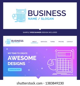 Beautiful Business Concept Brand Name calculator, calculation, math, progress, graph Logo Design and Pink and Blue background Website Header Design template. Place for Slogan / Tagline. Exclusive Webs