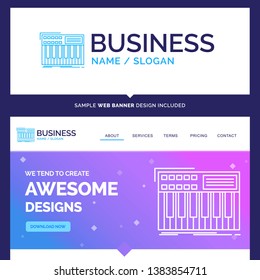 Beautiful Business Concept Brand Name synth, keyboard, midi, synthesiser, synthesizer Logo Design and Pink and Blue background Website Header Design template. Place for Slogan / Tagline. Exclusive Web