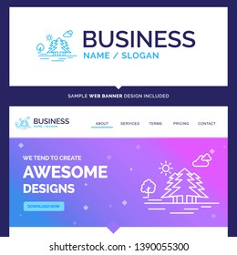 Beautiful Business Concept Brand Name , Mountain, hill, landscape, nature, clouds Logo Design and Pink and Blue background Website Header Design template. Place for Slogan / Tagline. Exclusive Website