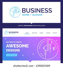 Beautiful Business Concept Brand Name Headphone, ear, phone, bluetooth, music Logo Design and Pink and Blue background Website Header Design template. Place for Slogan / Tagline. Exclusive Website ban