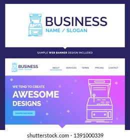 Beautiful Business Concept Brand Name Arcade, console, game, machine, play Logo Design and Pink and Blue background Website Header Design template. Place for Slogan / Tagline. Exclusive Website banner