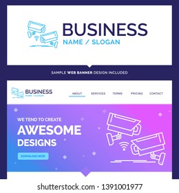 Beautiful Business Concept Brand Name CCTV, Camera, Security, Surveillance, Technology Logo Design and Pink and Blue background Website Header Design template. Place for Slogan / Tagline. Exclusive We