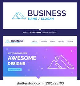 Beautiful Business Concept Brand Name mountain, landscape, hill, nature, sun Logo Design and Pink and Blue background Website Header Design template. Place for Slogan / Tagline. Exclusive Website bann