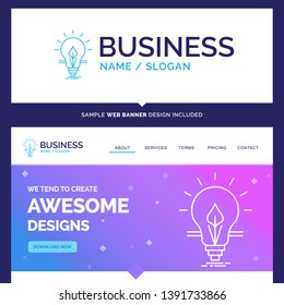 Beautiful Business Concept Brand Name bulb, idea, electricity, energy, light Logo Design and Pink and Blue background Website Header Design template. Place for Slogan / Tagline. Exclusive Website bann