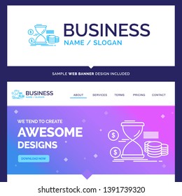 Beautiful Business Concept Brand Name Hourglass, management, money, time, coins Logo Design and Pink and Blue background Website Header Design template. Place for Slogan / Tagline. Exclusive Website b