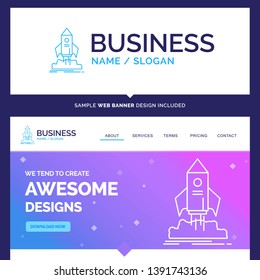 Beautiful Business Concept Brand Name launch, startup, ship, shuttle, mission Logo Design and Pink and Blue background Website Header Design template. Place for Slogan / Tagline. Exclusive Website ban