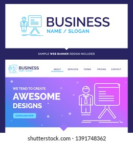 Beautiful Business Concept Brand Name presentation, businessman, chart, graph, progress Logo Design and Pink and Blue background Website Header Design template. Place for Slogan / Tagline. Exclusive W