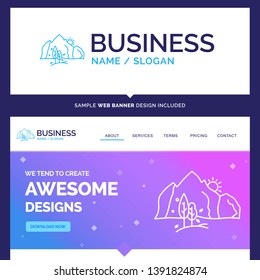 Beautiful Business Concept Brand Name hill, landscape, nature, mountain, tree Logo Design and Pink and Blue background Website Header Design template. Place for Slogan / Tagline. Exclusive Website ban