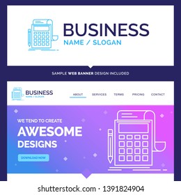 Beautiful Business Concept Brand Name Accounting, audit, banking, calculation, calculator Logo Design and Pink and Blue background Website Header Design template. Place for Slogan / Tagline. Exclusive