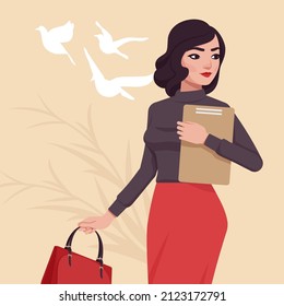 Beautiful business lady, elegant businesswoman, female executive walking. Smart modern female social media profile picture. Vector flat style creative illustration, beige, birds fly background