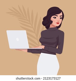 Beautiful business lady, elegant businesswoman, female executive with laptop. Smart modern female social media profile picture. Vector flat style creative illustration, beige plant background