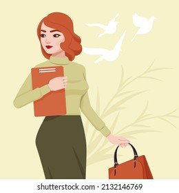 Beautiful business lady, elegant businesswoman, female executive walking. Smart modern red haired female social media profile picture. Vector flat style creative illustration, beige, birds background