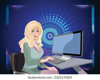 Schöne Geschäftsfrau schaut bei der Arbeit im Büro auf die Kamera