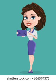 Beautiful business woman with envelope. Businesswoman in formal wear. Cute cartoon character. Vector illustration. 