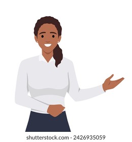 Beautiful Business Woman Executive doing a presentation. Flat vector illustration isolated on white background