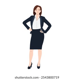 Beautiful business woman in formal suit, standing while holding hands on hip. Flat vector illustration isolated on white background