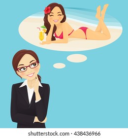 Beautiful business woman in glasses dreaming about vacation at beach with thought bubbles