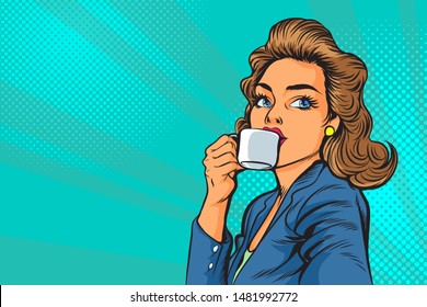 Beautiful Business woman having coffee in the morning.Retro lady with cafe mug. Vector Illustration In Retro Vintage Pop Art Comic Style