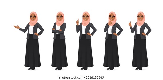 Linda mulher de negócios em hijab em pé em diferentes poses definir ilustração vetorial