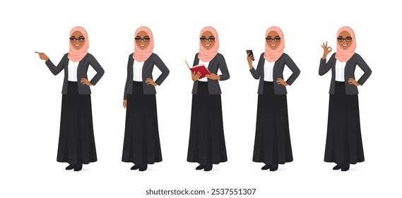 Beautiful business woman in hijab standing in different poses, holding phone and book. Isolated vector illustration set