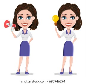 Beautiful business woman holding blank clipboard. Businesswoman in formal wear standing straight. Cute cartoon character. Vector illustration.