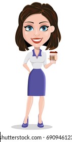 Beautiful business woman holding coffee while coffee break. Businesswoman in formal wear standing straight. Cute cartoon character. Vector illustration.