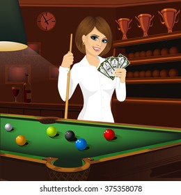 beautiful business woman holding cue stick and fan of money