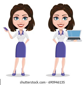 Beautiful business woman holding laptop and holding smart phone. Businesswoman in formal wear standing straight. Cute cartoon character. Vector illustration.