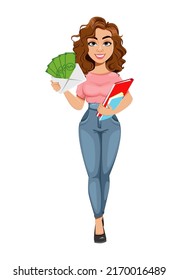 Hermosa mujer de negocios sosteniendo dinero. Personaje de dibujos animados de una joven empresaria