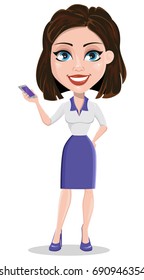 Beautiful business woman holding smartphone. Businesswoman in formal wear standing straight. Cute cartoon character. Vector illustration.
