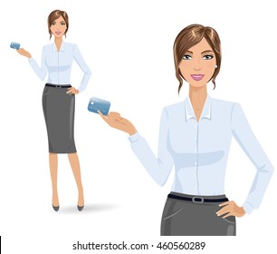 Beautiful business woman holds a credit card, portrait and full length view. Vector illustration isolated on white.