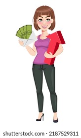 Beautiful business woman with income. Cute businesswoman cartoon character in casual clothes