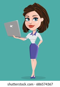 Beautiful business woman with laptop. Businesswoman in formal wear. Cute cartoon character. Vector illustration. 