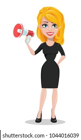 Beautiful business woman with a loudspeaker. Blonde businesswoman in formal wear standing straight. Cute cartoon character. Vector illustration.