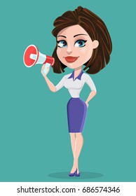Beautiful business woman with loudspeaker. Businesswoman in formal wear. Cute cartoon character. Vector illustration. 