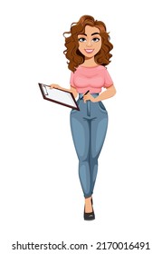 Beautiful business woman making notes. Cute young businesswoman cartoon character