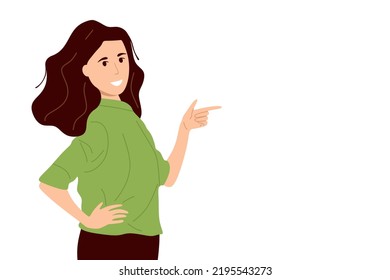 Hermosa mujer de negocios señalando el espacio fotográfico sobre el fondo blanco. Mujer de negocios señalando con el dedo y sonriendo. Ilustración plana Muchacha de negocios. eps10 vectoriales