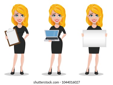 Beautiful Business Woman. Set With Blonde Businesswoman In Formal Wear Holding Checklist, Holding Laptop And Holding Placard. Cute Cartoon Character. Vector Illustration.