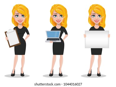 Beautiful business woman. Set with blonde businesswoman in formal wear holding checklist, holding laptop and holding placard. Cute cartoon character. Vector illustration.